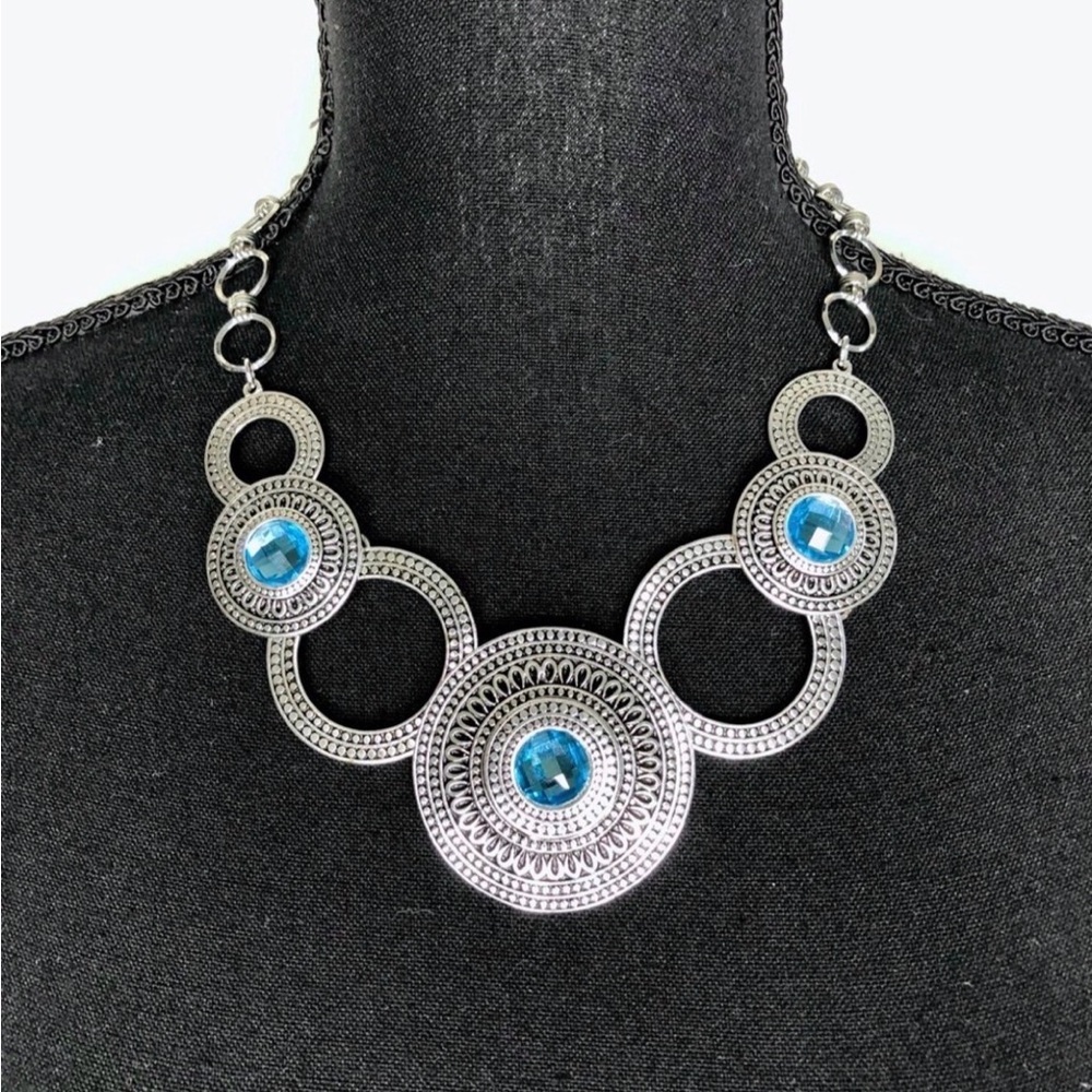 Silver Tone Metal Necklace with Blue Faux Gems